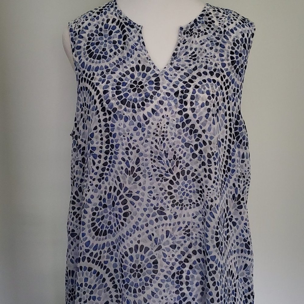 CHRISTINA B Summer Flowy Sleeveless Tunic Top Blue & White Vacation Resort Wear